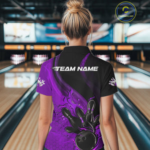 Custom Black And Purple Flame Bowling Polo Shirt For Women, Bowling Team League Shirt IPHW9874