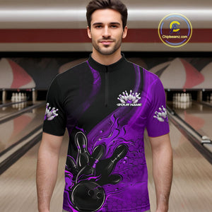Custom Black And Purple Flame Bowling Quarter-Zip Shirt For Men, Bowling Team League Shirt IPHW9874