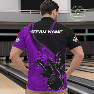 Custom Black And Purple Flame Bowling Quarter-Zip Shirt For Men, Bowling Team League Shirt IPHW9874