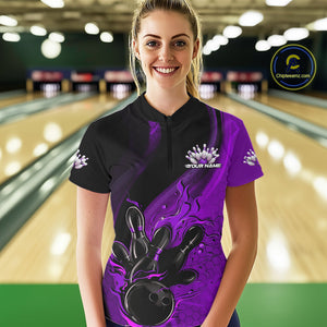 Custom Black And Purple Flame Bowling Women Quarter-Zip Shirt, Bowling Team League Shirt IPHW9874