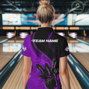 Custom Black And Purple Flame Bowling Women Quarter-Zip Shirt, Bowling Team League Shirt IPHW9874