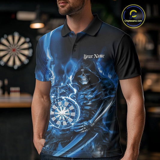 Custom Black And Blue Flame Grim Reaper Dart Team Men Polo Shirts, Halloween Dart Otufit IPHW10026