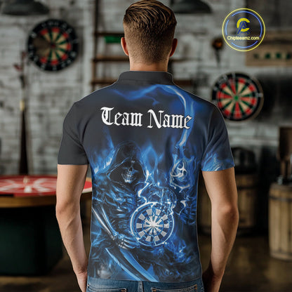 Custom Black And Blue Flame Grim Reaper Dart Team Men Polo Shirts, Halloween Dart Otufit IPHW10026
