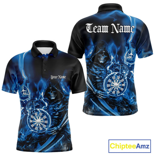 Custom Black And Blue Flame Grim Reaper Dart Team Men Polo Shirts, Halloween Dart Otufit IPHW10026
