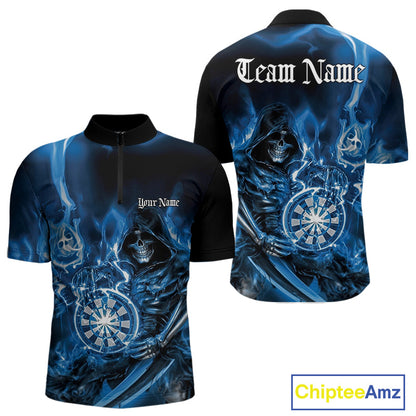 Custom Black And Blue Flame Grim Reaper Dart Team Men Quarter-Zip Shirts, Halloween Dart Otufit IPHW10026