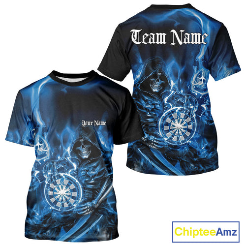 Custom Black And Blue Flame Grim Reaper Dart Team Men T-Shirts, Halloween Dart Otufit IPHW10026