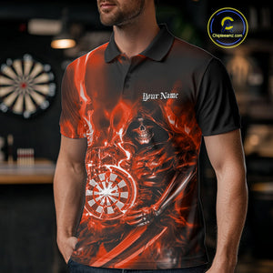Custom Black And Red Flame Grim Reaper Dart Team Men Polo Shirts, Halloween Dart Otufit IPHW10027