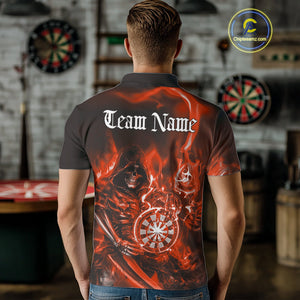 Custom Black And Red Flame Grim Reaper Dart Team Men Polo Shirts, Halloween Dart Otufit IPHW10027