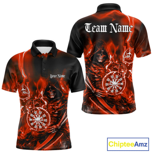 Custom Black And Red Flame Grim Reaper Dart Team Men Polo Shirts, Halloween Dart Otufit IPHW10027