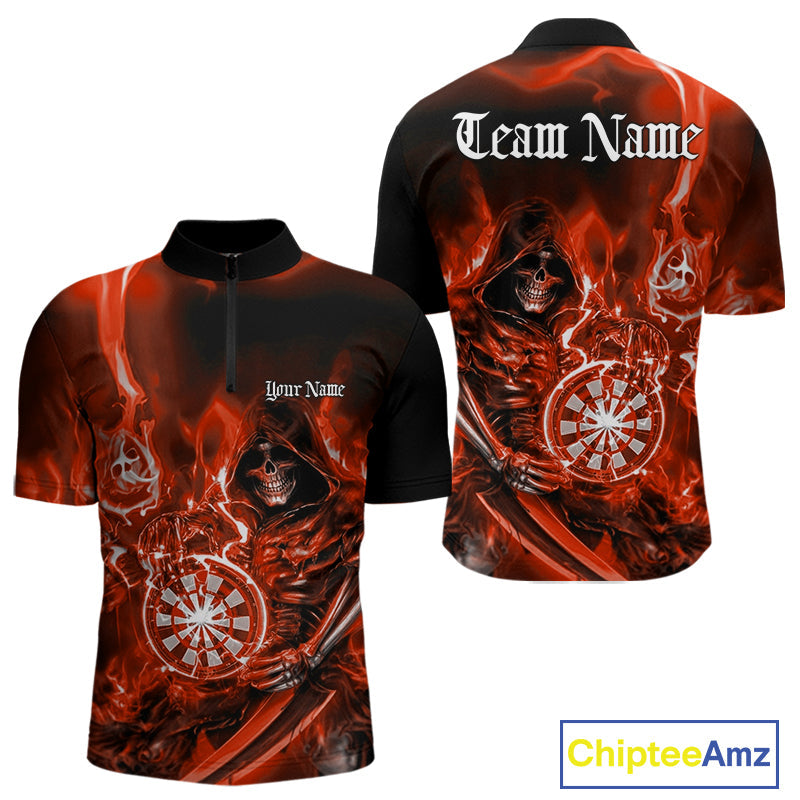 Custom Black And Red Flame Grim Reaper Dart Team Men Quarter-Zip Shirts, Halloween Dart Otufit IPHW10027