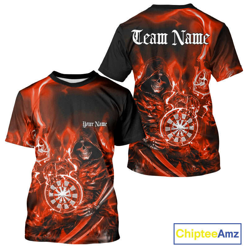 Custom Black And Red Flame Grim Reaper Dart Team Men T-Shirts, Halloween Dart Otufit IPHW10027