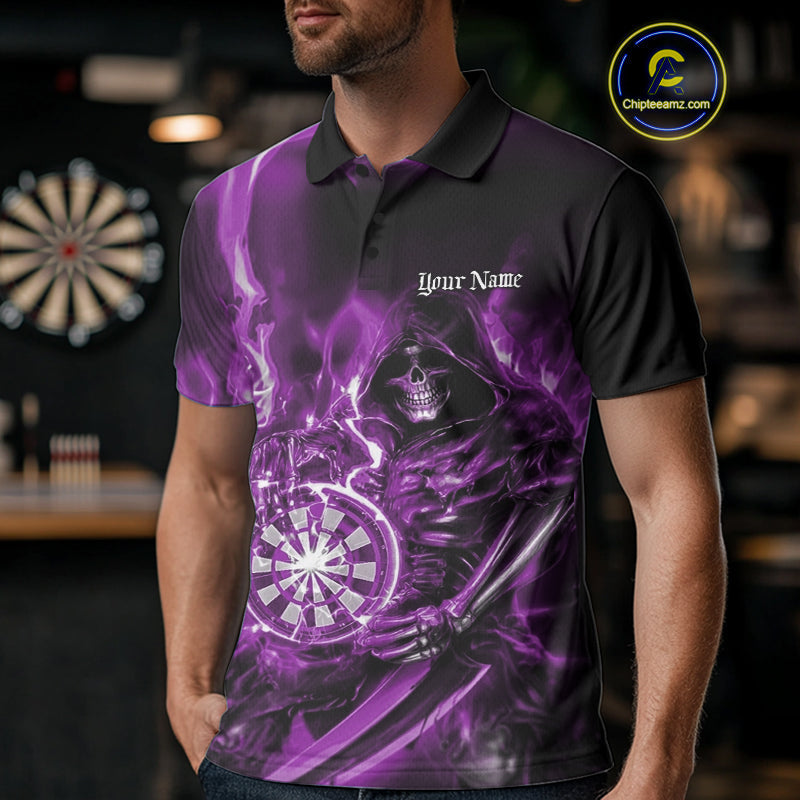 Custom Black And Purple Flame Grim Reaper Dart Team Men Polo Shirt, Halloween Dart Otufit IPHW10028