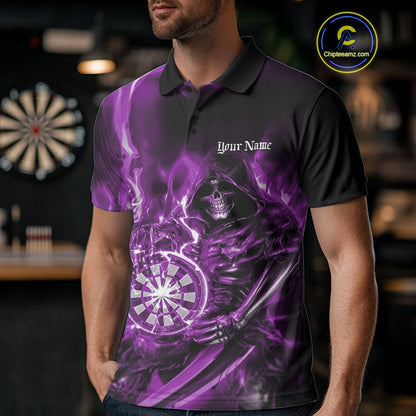 Custom Black And Purple Flame Grim Reaper Dart Team Men Polo Shirt, Halloween Dart Otufit IPHW10028