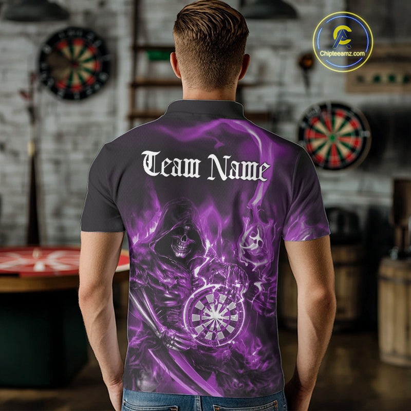 Custom Black And Purple Flame Grim Reaper Dart Team Men Polo Shirt, Halloween Dart Otufit IPHW10028