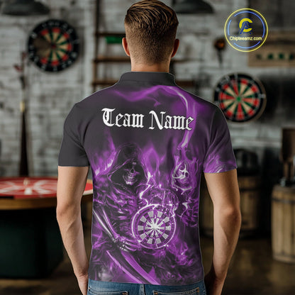 Custom Black And Purple Flame Grim Reaper Dart Team Men Polo Shirt, Halloween Dart Otufit IPHW10028