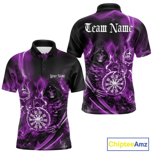 Custom Black And Purple Flame Grim Reaper Dart Team Men Polo Shirt, Halloween Dart Otufit IPHW10028