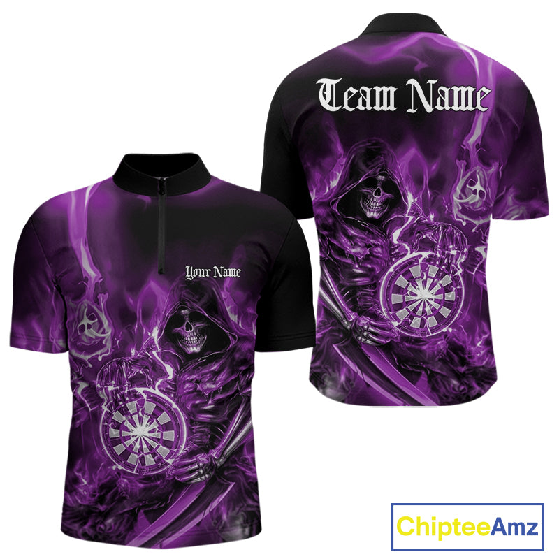 Custom Black And Purple Flame Grim Reaper Dart Team Men Quarter-Zip Shirt, Halloween Dart Otufit IPHW10028