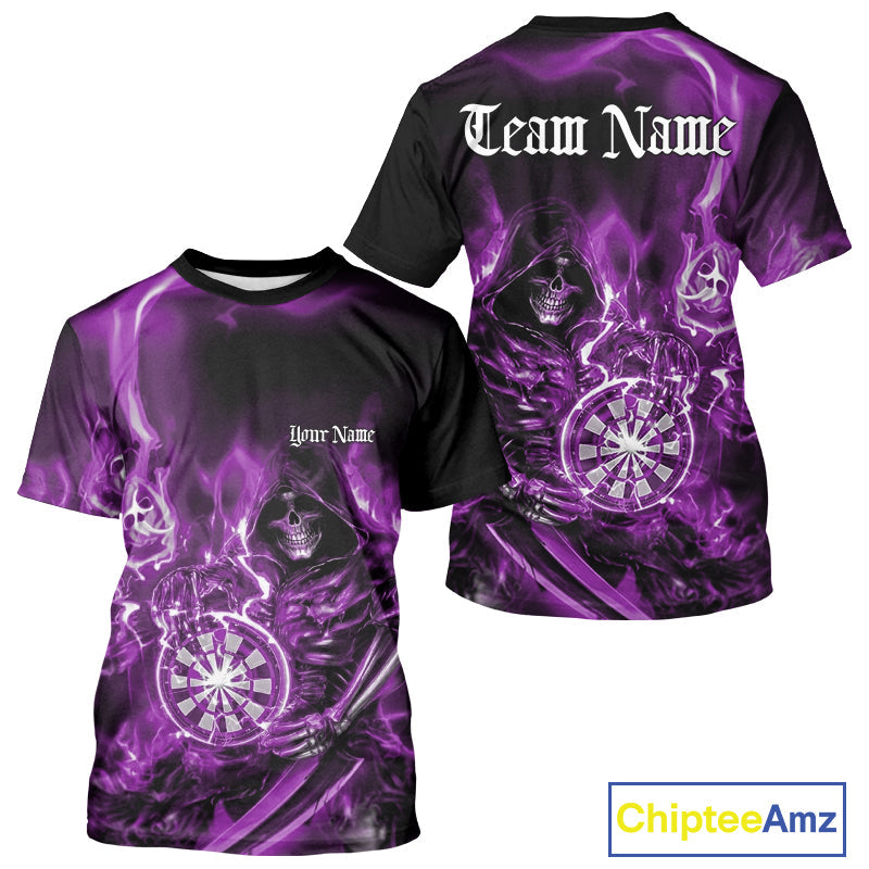 Custom Black And Purple Flame Grim Reaper Dart Team Men T-Shirts, Halloween Dart Otufit IPHW10028