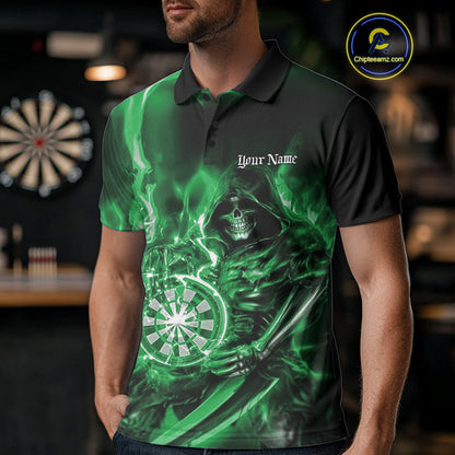 Custom Black And Green Flame Grim Reaper Dart Team Men Polo Shirts, Halloween Dart Otufit IPHW10029
