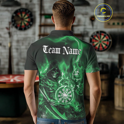 Custom Black And Green Flame Grim Reaper Dart Team Men Polo Shirts, Halloween Dart Otufit IPHW10029