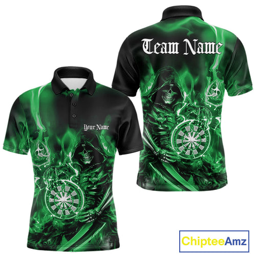 Custom Black And Green Flame Grim Reaper Dart Team Men Polo Shirts, Halloween Dart Otufit IPHW10029