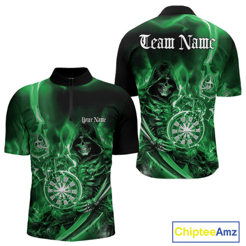 Custom Black And Green Flame Grim Reaper Dart Team Men Quarter-Zip Shirts, Halloween Dart Otufit IPHW10029