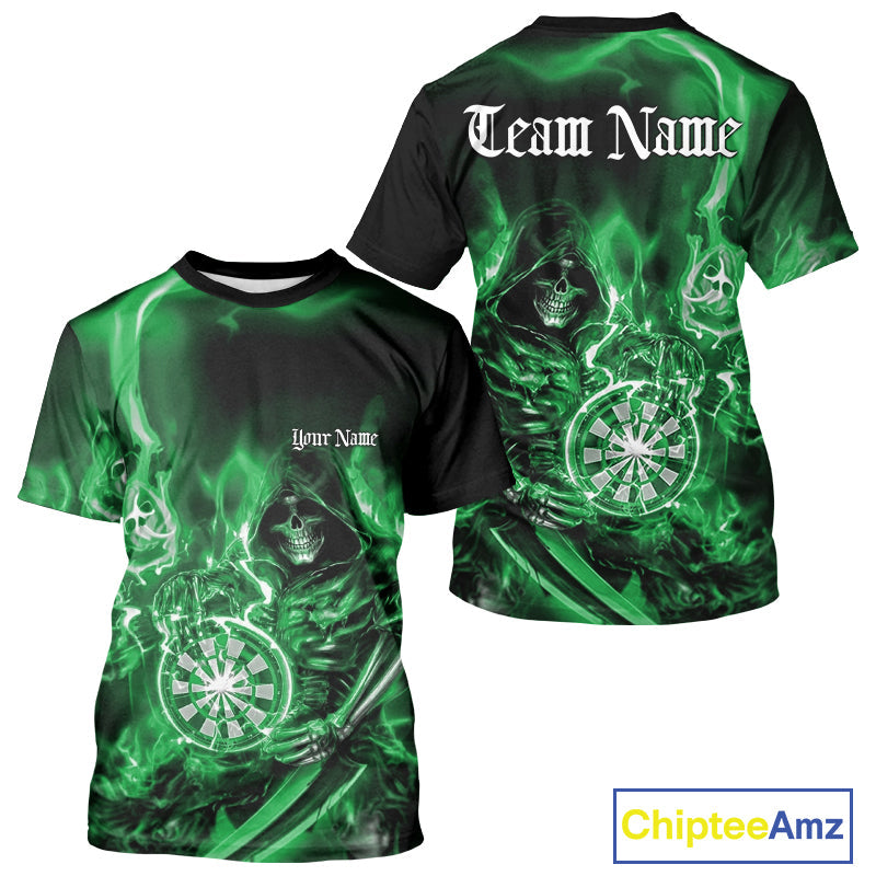 Custom Black And Green Flame Grim Reaper Dart Team Men T-Shirts, Halloween Dart Otufit IPHW10029