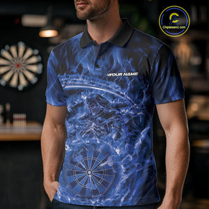 Custom Black And Blue Flame Grim Reaper Dart Team Men Polo Shirts, Halloween Otufit IPHW10036