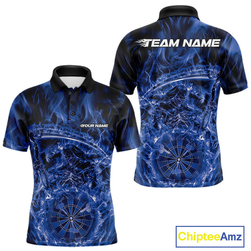 Custom Black And Blue Flame Grim Reaper Dart Team Men Polo Shirts, Halloween Otufit IPHW10036