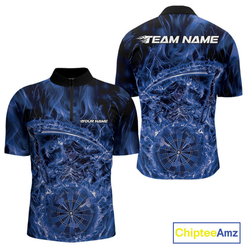 Custom Black And Blue Flame Grim Reaper Dart Team Men Quarter-Zip Shirts, Halloween Otufit IPHW10036