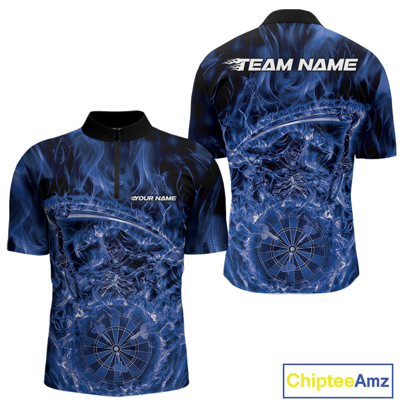 Custom Black And Blue Flame Grim Reaper Dart Team Men Quarter-Zip Shirts, Halloween Otufit IPHW10036
