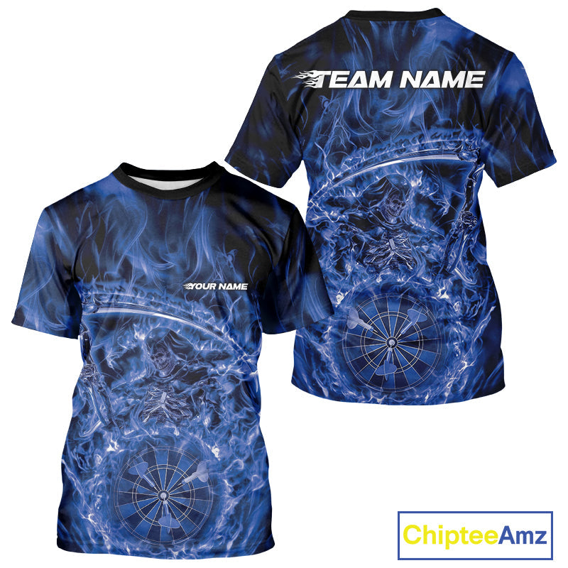 Custom Black And Blue Flame Grim Reaper Dart Team Men T-Shirts, Halloween Otufit IPHW10036