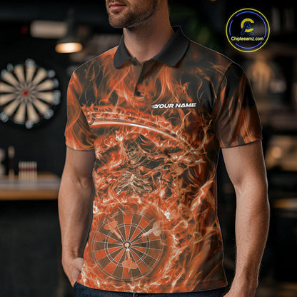 Custom Black And Orange Flame Grim Reaper Dart Team Men Polo Shirts, Halloween Otufit IPHW10037