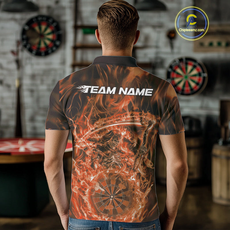 Custom Black And Orange Flame Grim Reaper Dart Team Men Polo Shirts, Halloween Otufit IPHW10037