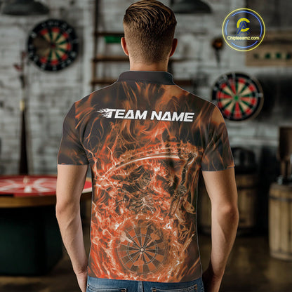 Custom Black And Orange Flame Grim Reaper Dart Team Men Polo Shirts, Halloween Otufit IPHW10037