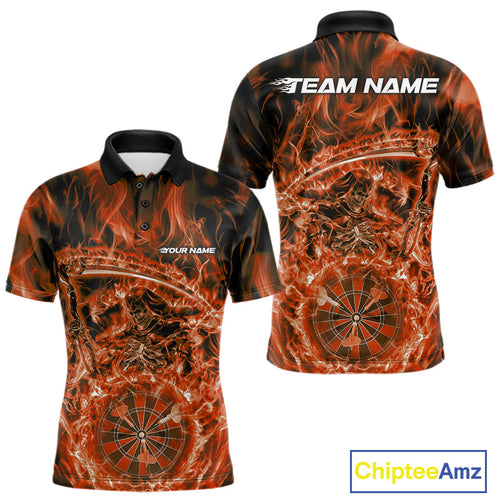 Custom Black And Orange Flame Grim Reaper Dart Team Men Polo Shirts, Halloween Otufit IPHW10037