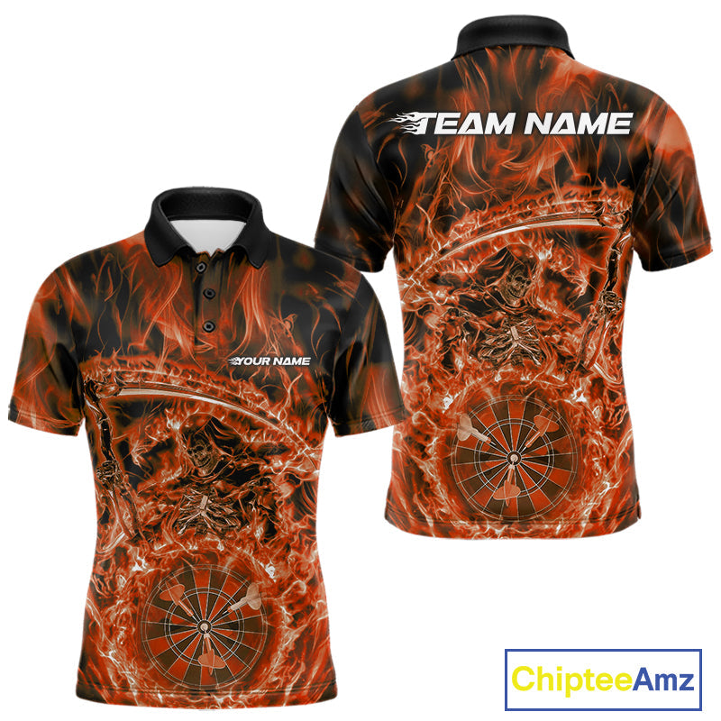 Custom Black And Orange Flame Grim Reaper Dart Team Men Polo Shirts, Halloween Otufit IPHW10037
