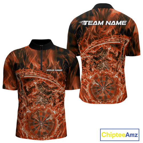 Custom Black And Orange Flame Grim Reaper Dart Team Men Quarter-Zip Shirts, Halloween Otufit IPHW10037