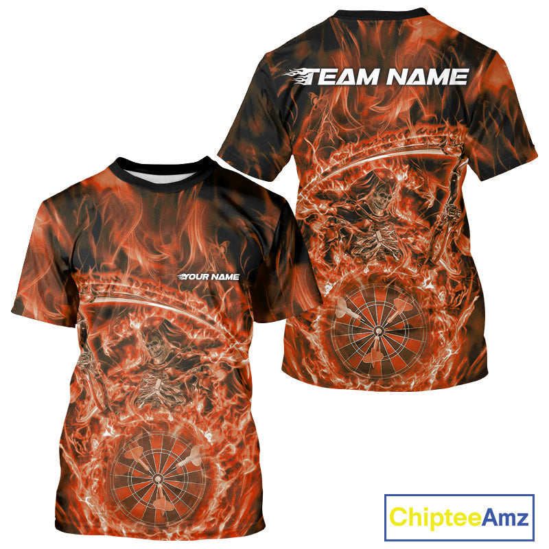 Custom Black And Orange Flame Grim Reaper Dart Team Men T-Shirts, Halloween Otufit IPHW10037
