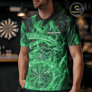 Custom Black And Green Flame Grim Reaper Dart Team Men Polo Shirts, Halloween Otufit IPHW10038