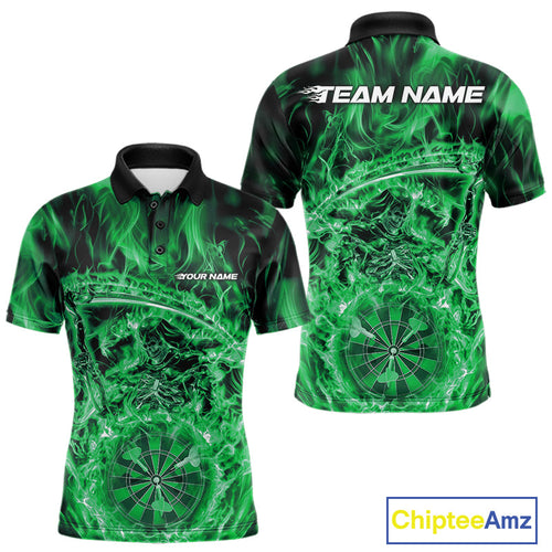 Custom Black And Green Flame Grim Reaper Dart Team Men Polo Shirts, Halloween Otufit IPHW10038