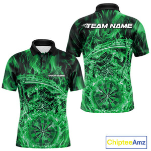 Custom Black And Green Flame Grim Reaper Dart Team Men Polo Shirts, Halloween Otufit IPHW10038