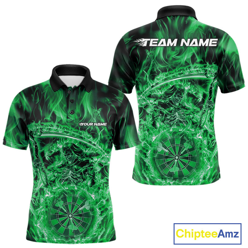 Custom Black And Green Flame Grim Reaper Dart Team Men Polo Shirts, Halloween Otufit IPHW10038