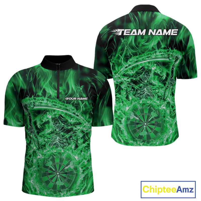 Custom Black And Green Flame Grim Reaper Dart Team Men Quarter-Zip Shirts, Halloween Otufit IPHW10038