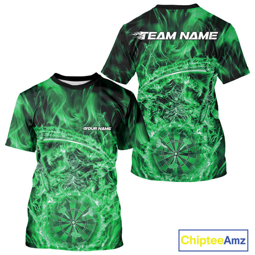 Custom Black And Green Flame Grim Reaper Dart Team Men T-Shirts, Halloween Otufit IPHW10038