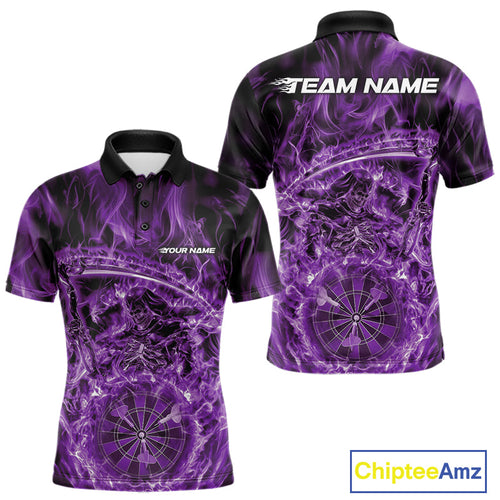 Custom Black And Purple Flame Grim Reaper Dart Team Men Polo Shirts, Halloween Otufit IPHW10039