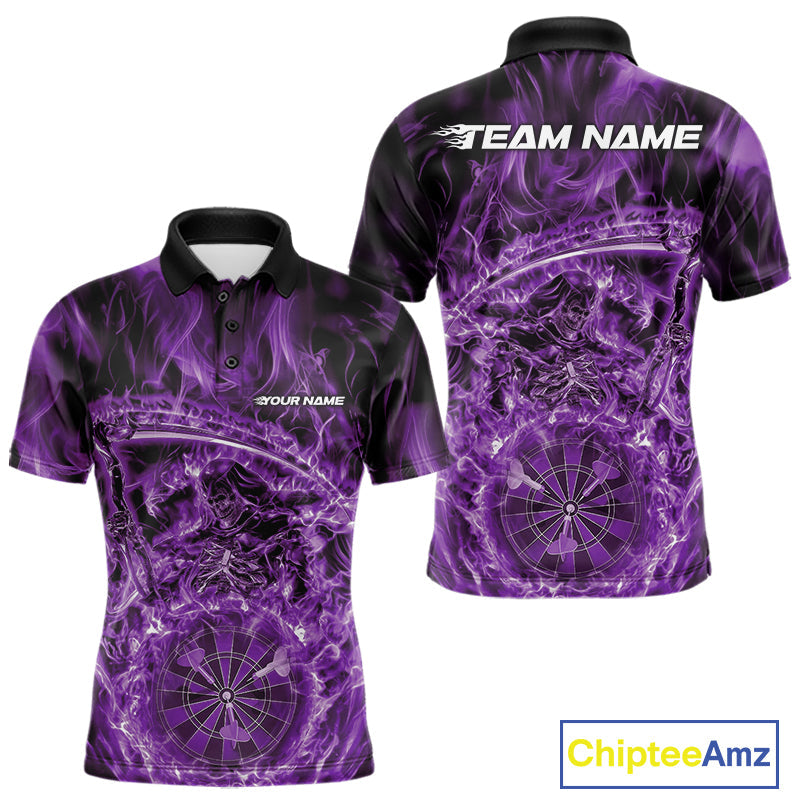 Custom Black And Purple Flame Grim Reaper Dart Team Men Polo Shirts, Halloween Otufit IPHW10039