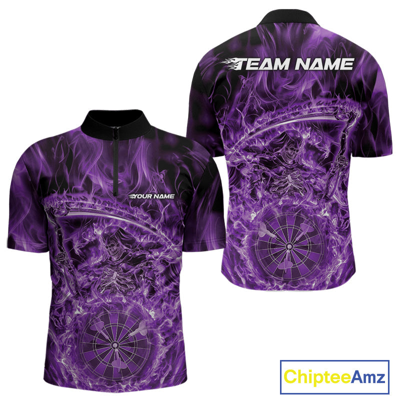 Custom Black And Purple Flame Grim Reaper Dart Team Men Quarter-Zip Shirts, Halloween Otufit IPHW10039