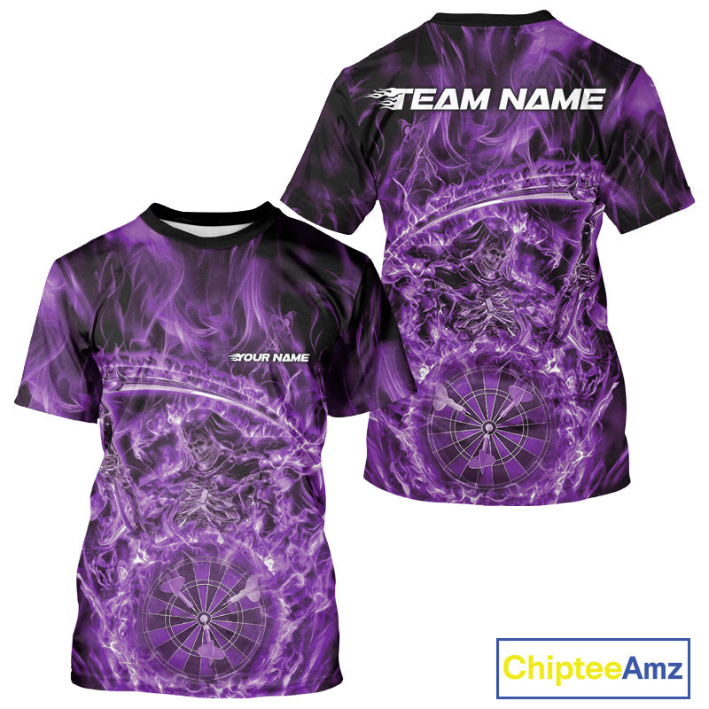 Custom Black And Purple Flame Grim Reaper Dart Team Men T-Shirts, Halloween Otufit IPHW10039