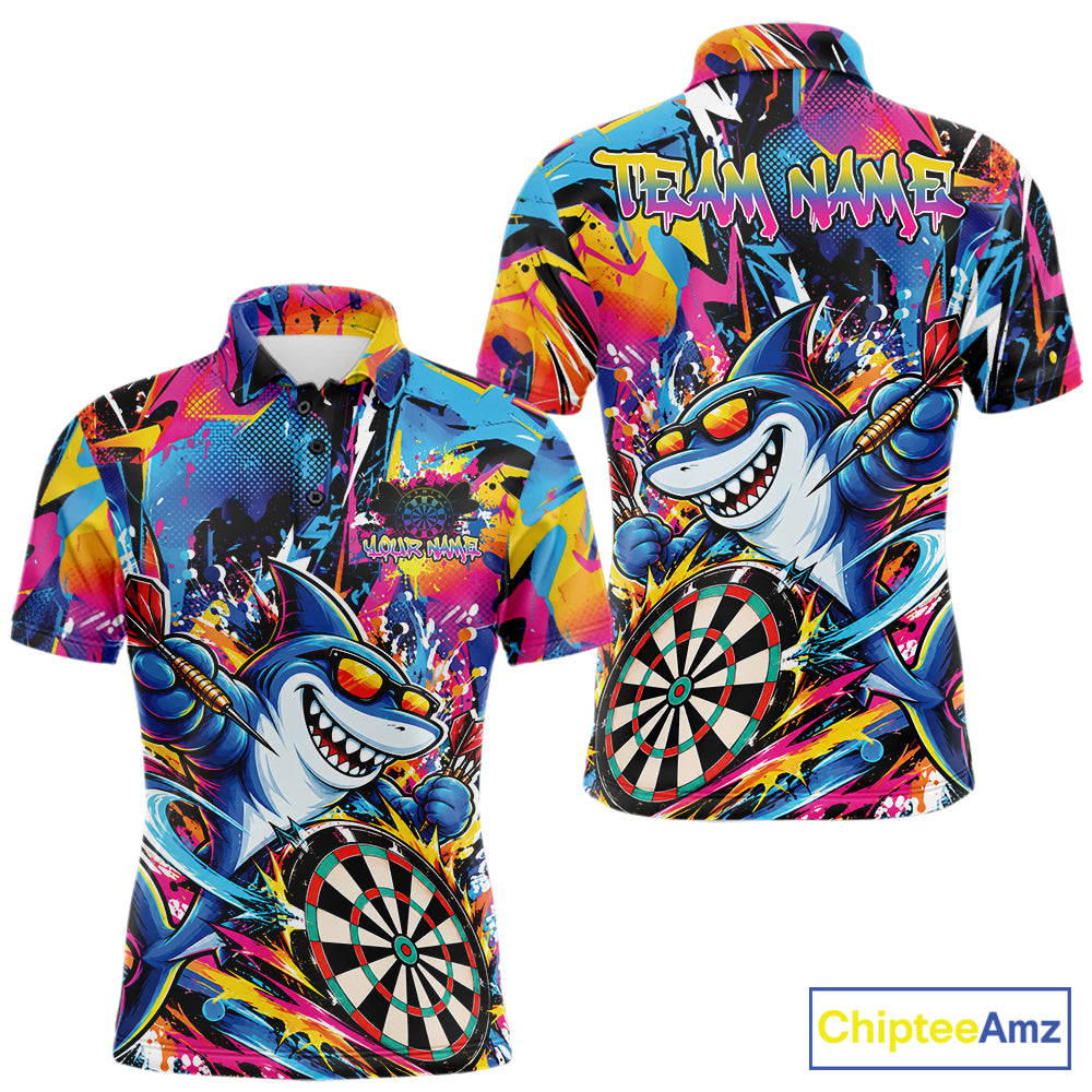 Custom Funny Shark Colorful Dart Jersey, Graffiti Dart League Men Polo Shirt For Team IPHW12647